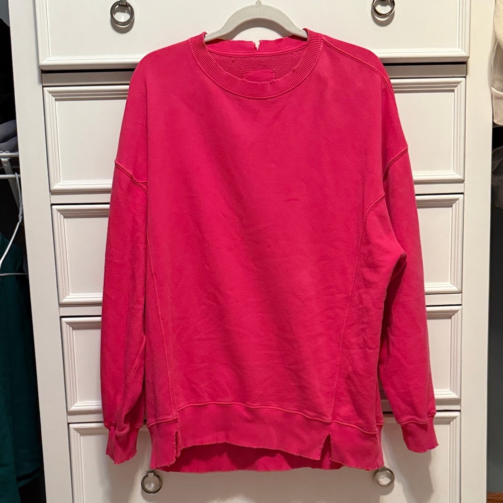 Aerie Vivid Pink Distressed Relaxed Oversized Crewneck